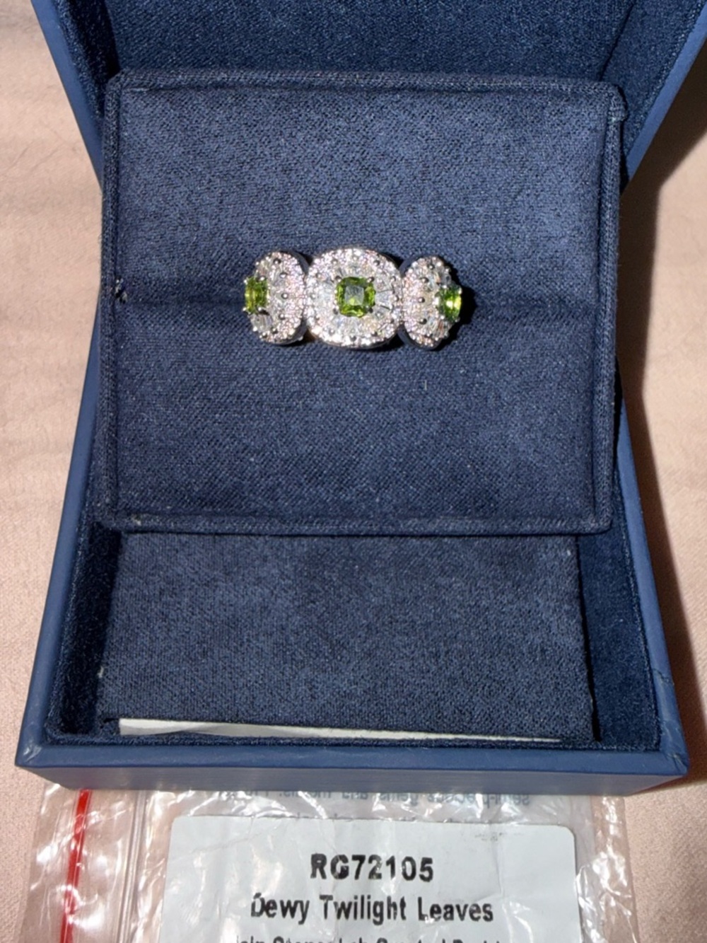 Bomb Party RG72105 “Dewy Twilight Leaves” Lab Created Peridot Rhodium Plating